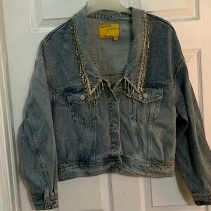 Signature 8 Women's Blue Denim Jacket with Rhinestone Trimmed Collar
